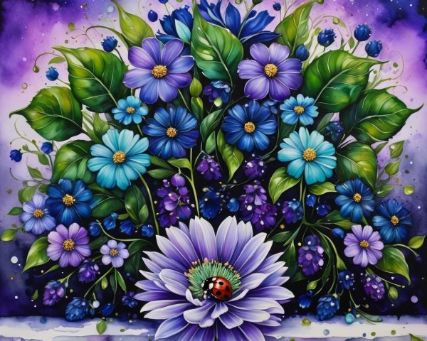 Vibrant Blue and Purple Flower Bouquet with Ladybug