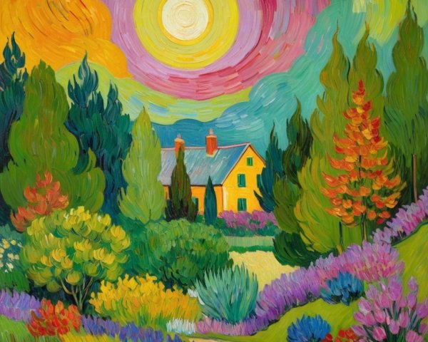 Vibrant Landscape with Yellow Cottage and Sunset Sky