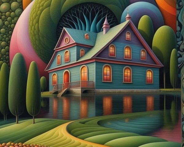 Whimsical House by Serene Lake with Colorful Landscape