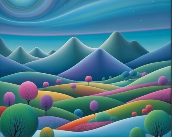 Vibrant Landscape with Whimsical Trees and Moonlight
