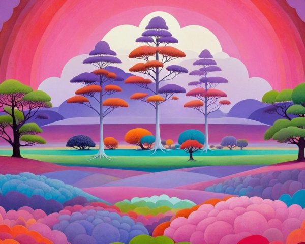 Vibrant Landscape with Stylized Trees and Colorful Clouds