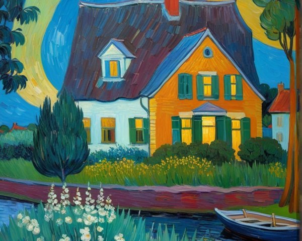 Impressionistic House by Serene Waterway at Night