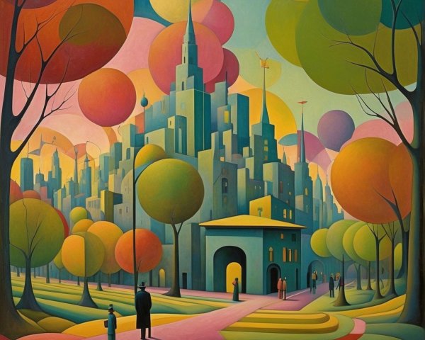 Whimsical Cityscape with Colorful Structures and Trees