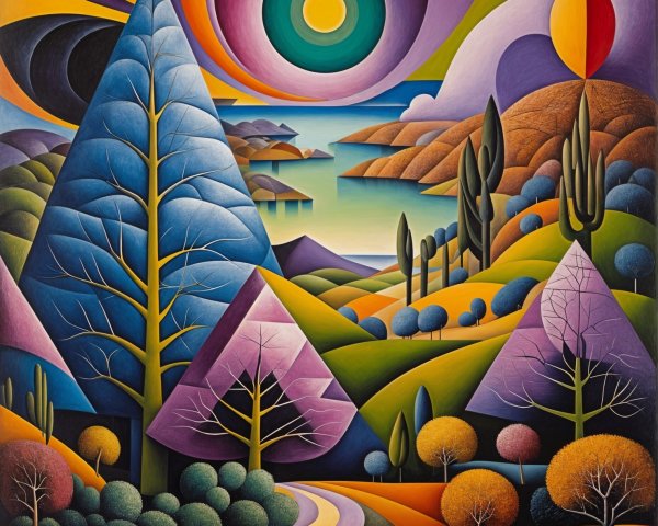 Vibrant Landscape with Mountains and Colorful Trees