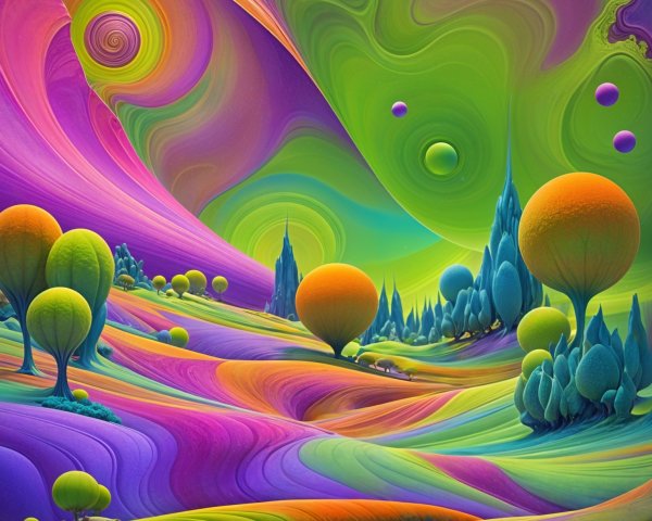 Vibrant Surreal Landscape with Whimsical Elements
