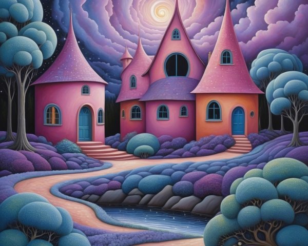Whimsical Fairy-Tale Landscape with Pink Castle