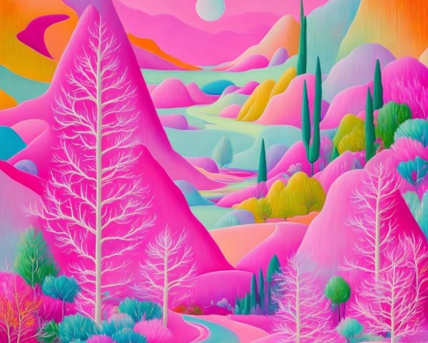 Vibrant Landscape with Pink Mountains and River