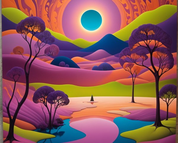 Surreal Landscape with Colorful Hills and Reflective River