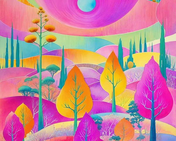 Vibrant Abstract Landscape with Colorful Trees and Sky