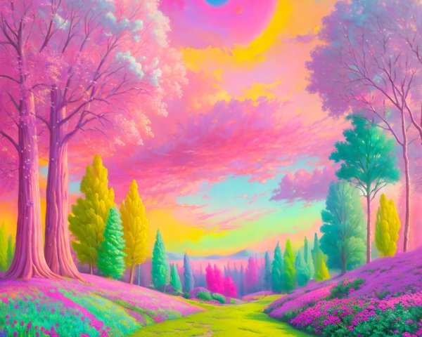 Vibrant Landscape with Blooming Trees and Colorful Sky