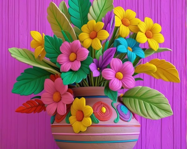 Ceramic vase with colorful flowers and green leaves