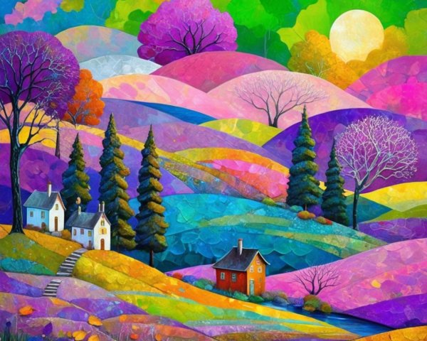Vibrant Colorful Landscape with Whimsical Trees and Homes