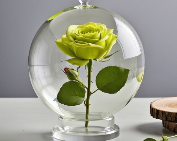 Vibrant Green Rose in Glass Dome with Red Bud
