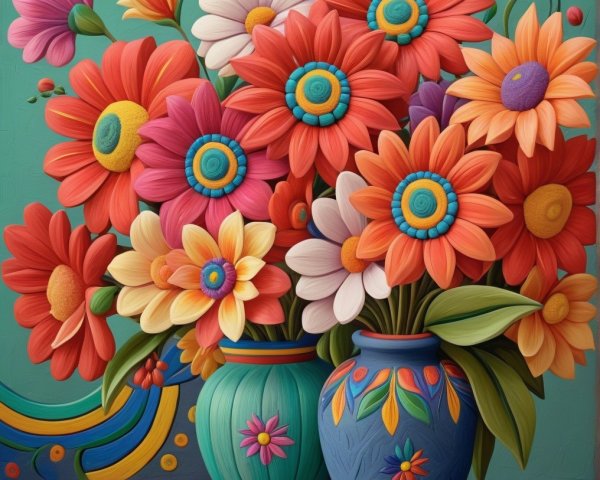 Vibrant Bouquet of Colorful Flowers in Decorative Vases