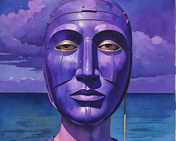 Portrait of a figure with a vibrant purple mask