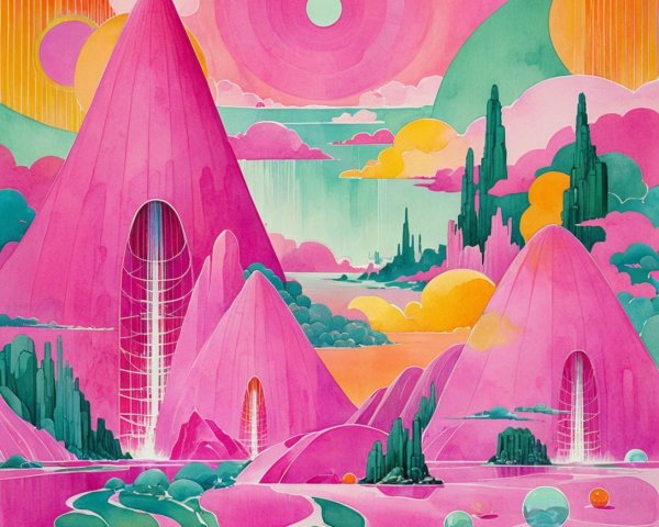 Vibrant Landscape with Pink Mountains and Reflections