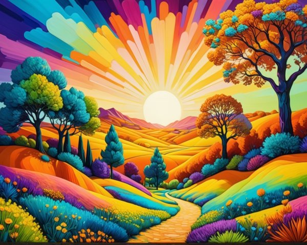 Vibrant Landscape with Colorful Hills and Sunrise
