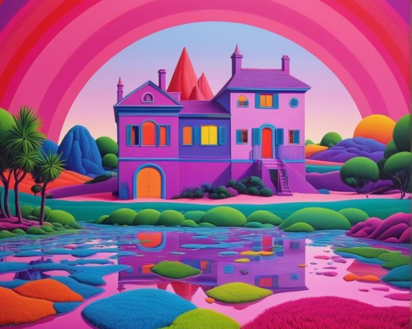 Surreal Landscape with Whimsical Pastel House