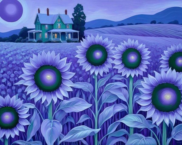 Surreal landscape with blue house and purple sunflowers