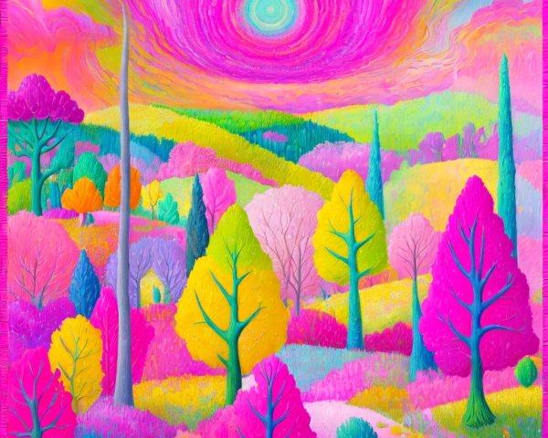 Surreal Landscape with Colorful Trees and Vivid Sky