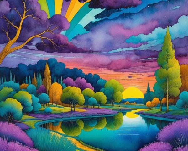 Vibrant Landscape with Tranquil River and Sunset