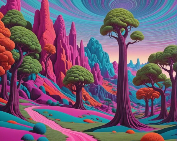 Surreal Landscape with Colorful Mountains and Trees