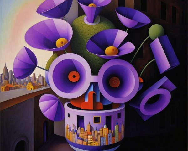 Surreal Composition of Flowers and Cityscape Vase