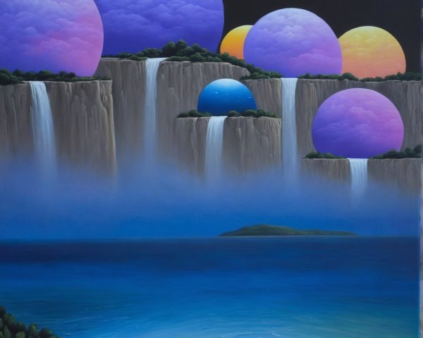 Whimsical Alien Landscape with Floating Planets and Waterfalls