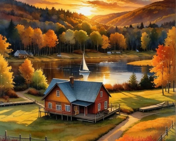 Serene Sunset Landscape with Red House and Lake