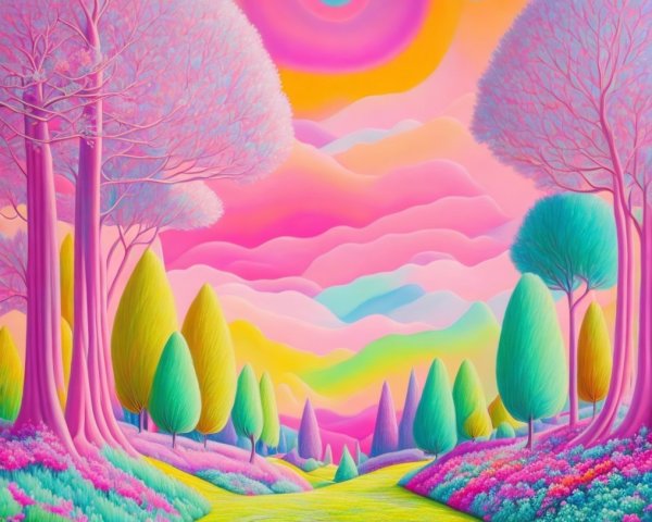 Vibrant Landscape with Stylized Trees and Pastel Sky