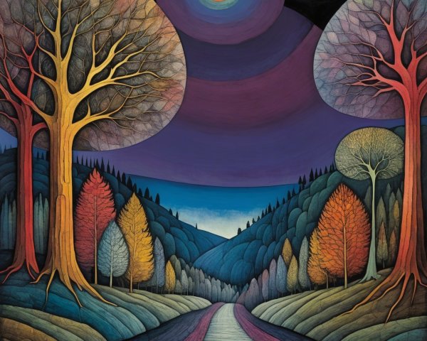 Vibrant Landscape with Stylized Trees and Autumn Colors