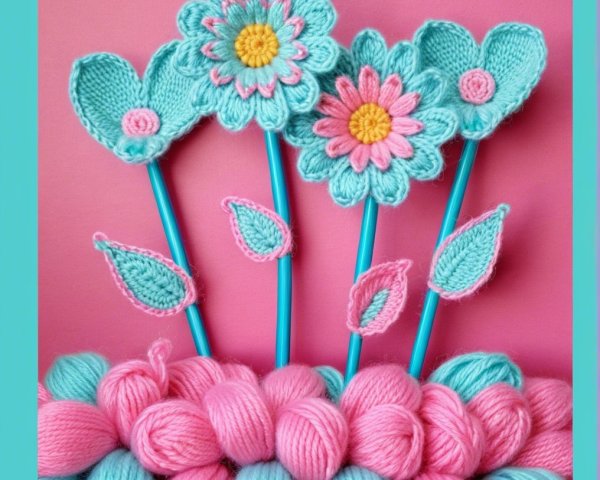 Knitted Flowers in Pastel Colors on Pink Background