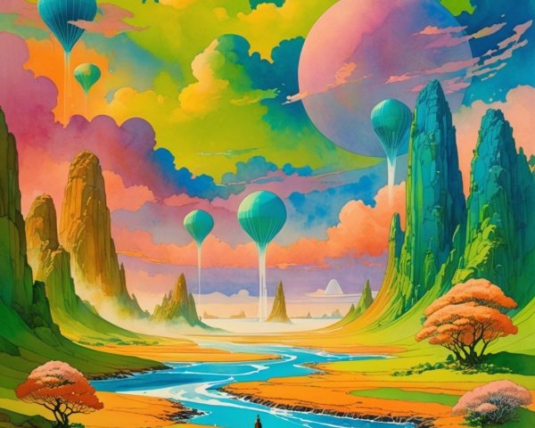 Surreal Landscape with Colorful Rocks and Balloons
