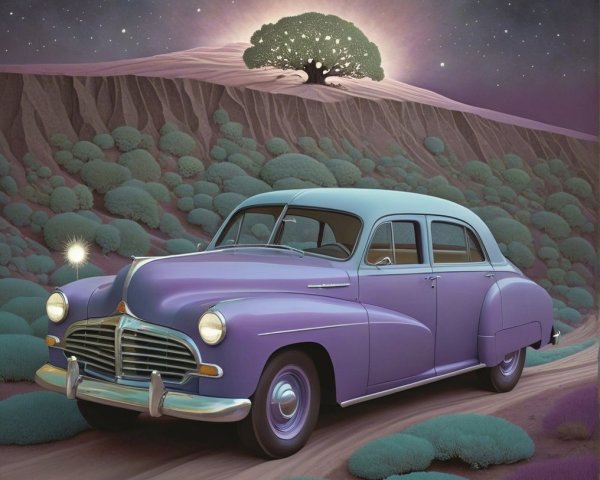 Vintage Purple Car on Winding Road with Surreal Hills