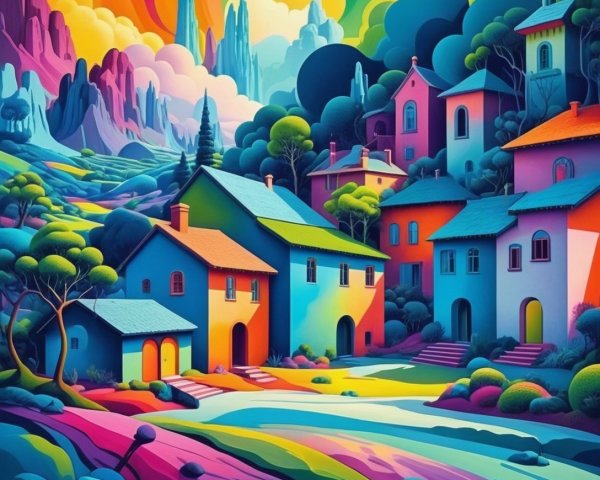 Surreal Landscape with Colorful Houses and Mountains