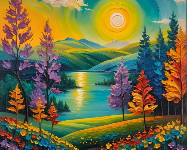 Vibrant Landscape with Colorful Trees and Lake