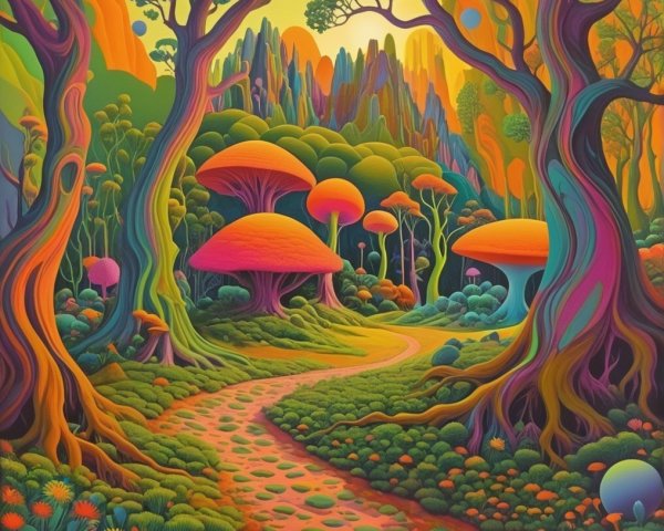 Vibrant Fantastical Landscape with Colorful Forests