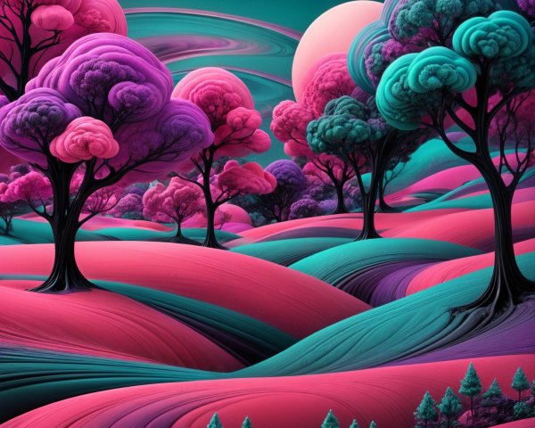 Surreal Landscape with Vibrant Hills and Whimsical Trees