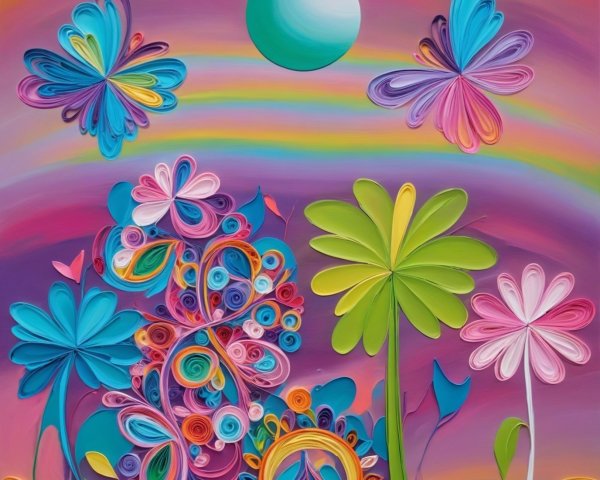 Vibrant Paper Quilling Illustration of a Fantastical Landscape