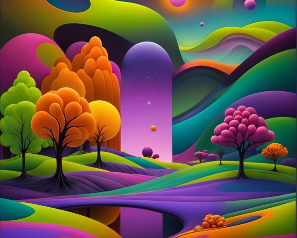 Surreal Landscape with Vibrant Trees and Celestial Bodies