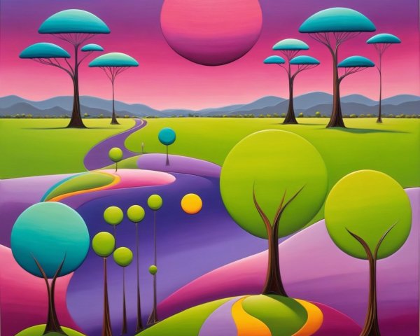 Vibrant Surreal Landscape with Pink Moon and Whimsical Trees