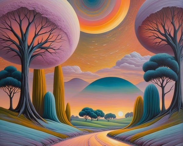 Surreal Landscape with Vibrant Trees and Dreamy Sky