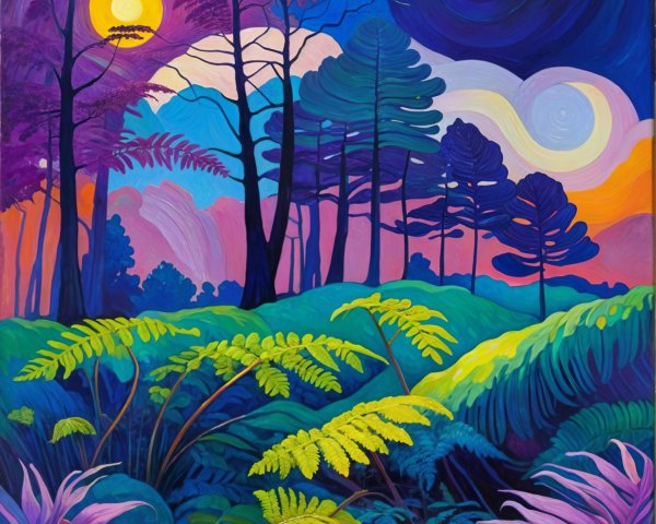 Vibrant Landscape with Lush Foliage and Celestial Sky