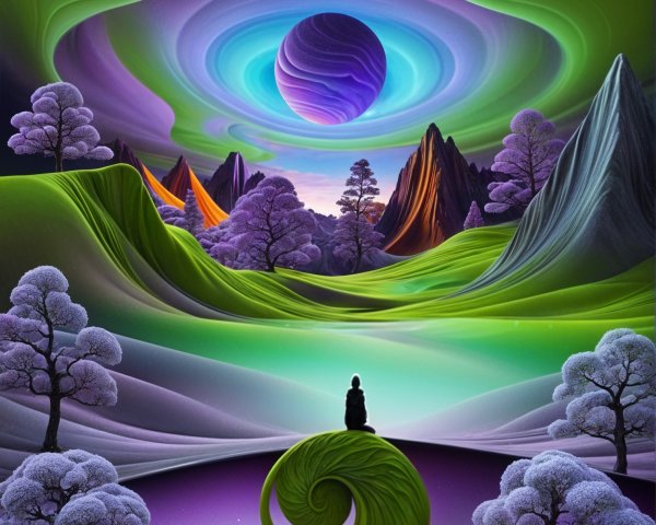 Surreal Landscape with Colorful Planet and Majestic Mountains