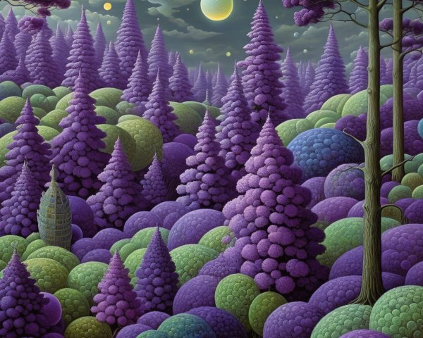 Surreal Landscape with Spherical Trees and Moonlight