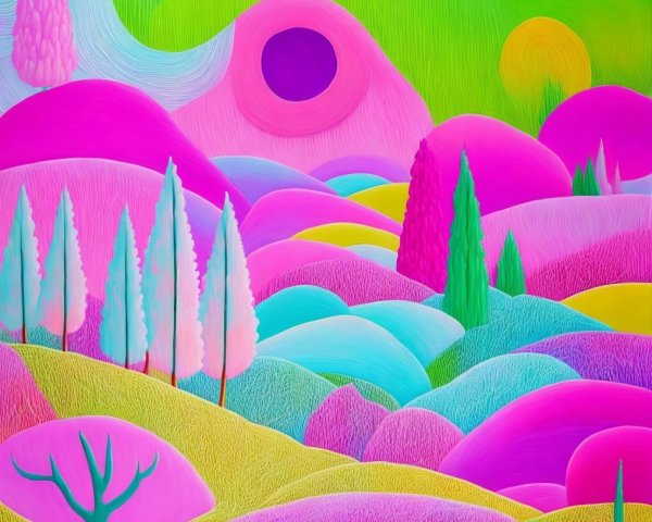 Vibrant Landscape with Colorful Rolling Hills and Trees