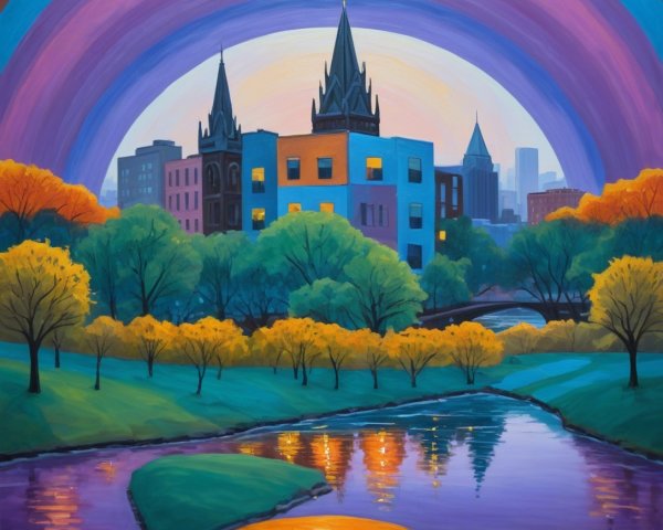 Vibrant cityscape at dusk with colorful buildings