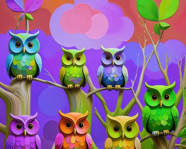 Colorful Owls on Tree Branch with Gradient Clouds