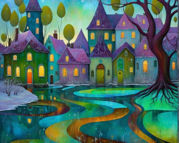 Enchanting Fairytale Village Painting with Colorful Houses