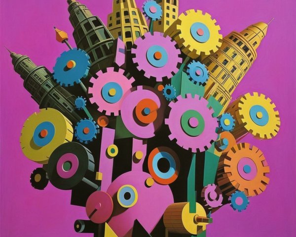 Vibrant Abstract Artwork of Gears and Buildings